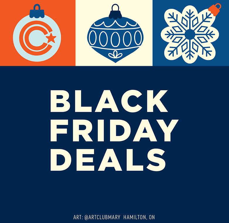 Black Friday deals advertisement with Christmas-themed graphics on a blue background.